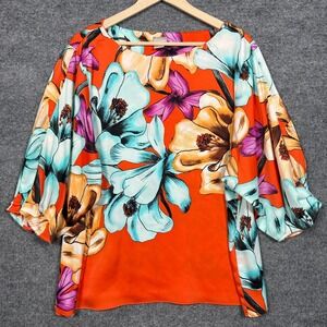 Chico's Sz 4 US XXL Blouse Orange Floral Tropical Iris Print Floral Bateau Neck